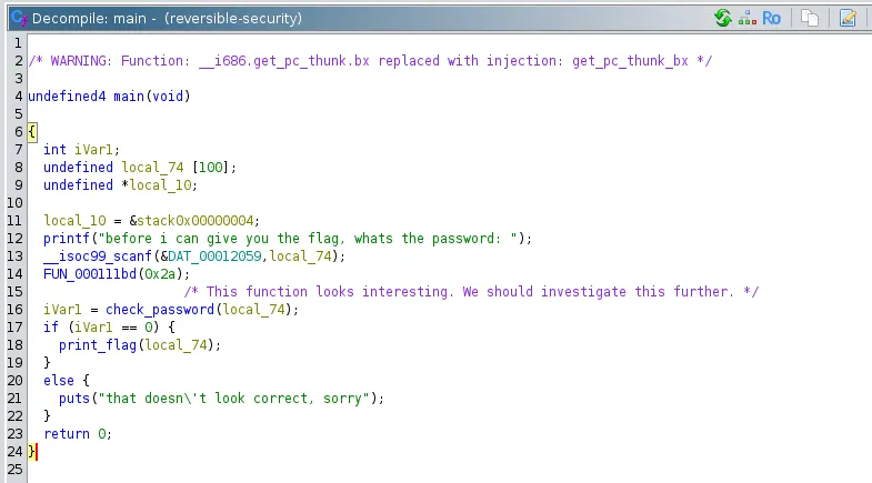 Decompiled main() within Ghidra